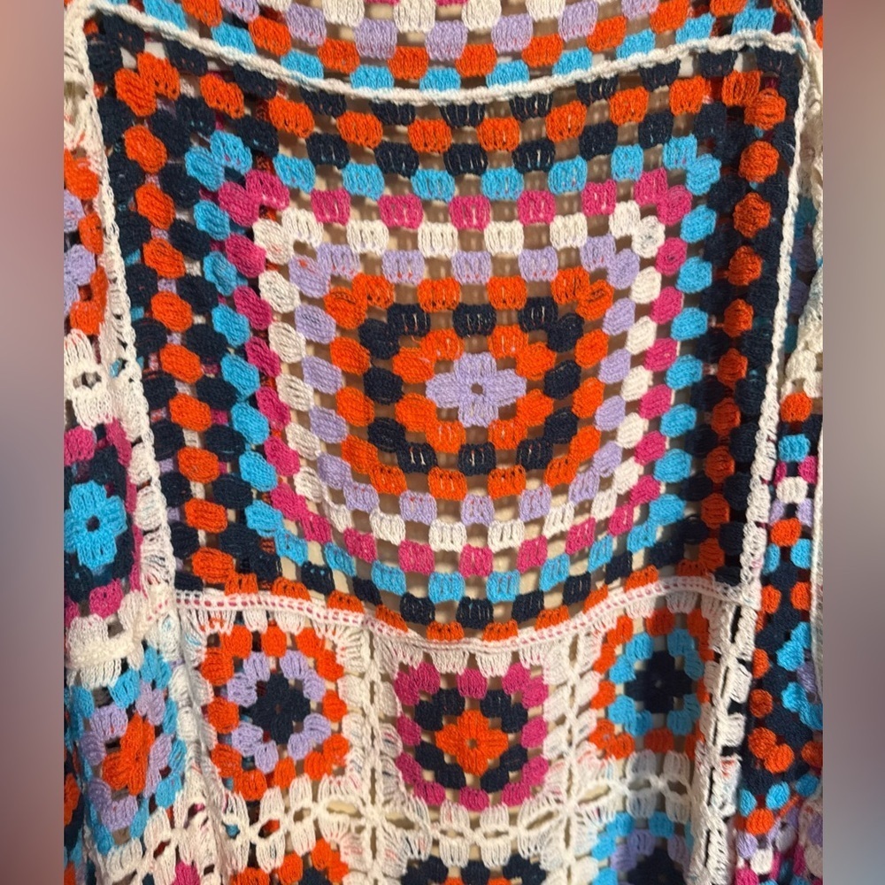 New POL Beige Multicolor Granny Squares Long Crochet Knit Cardigan - Picture 4 of 10